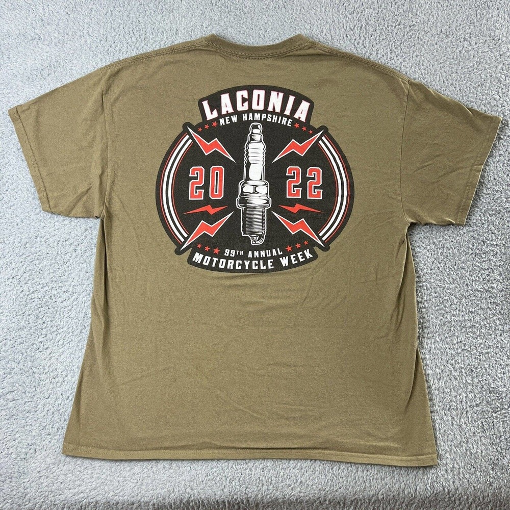 Laconia New Hampshire Bike Week Spark Plug Tan T Shirt Size L Motorcycle 2022